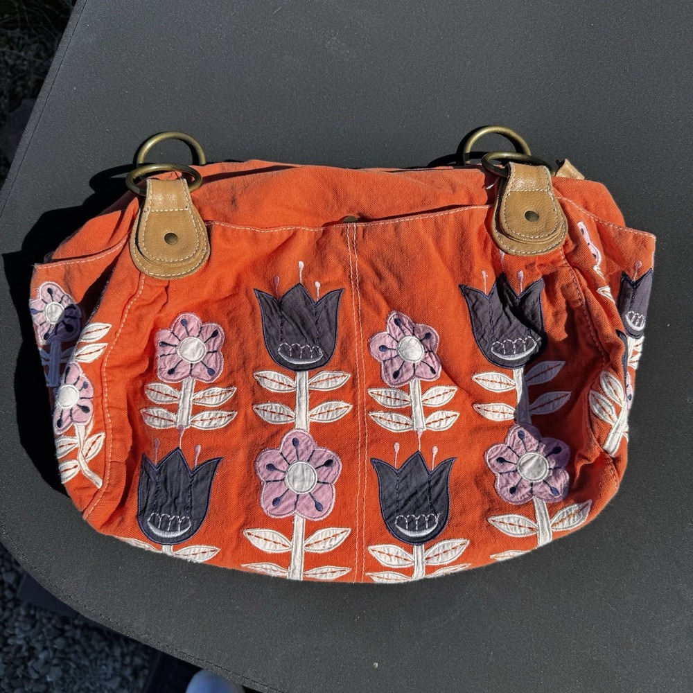 NINE WEST Vintage Y2K Orange Canvas Applique Flowers Large Tote - No Strap